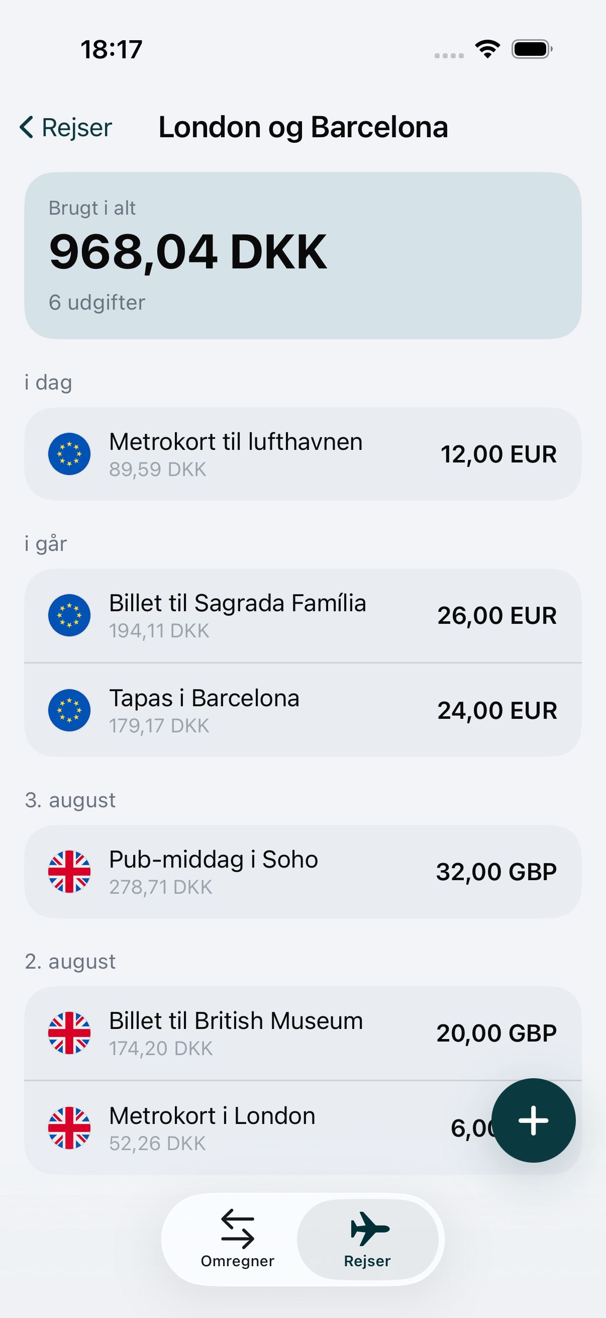 En rejse i WaveRate med en kontanthævning registreret i den lokale valuta