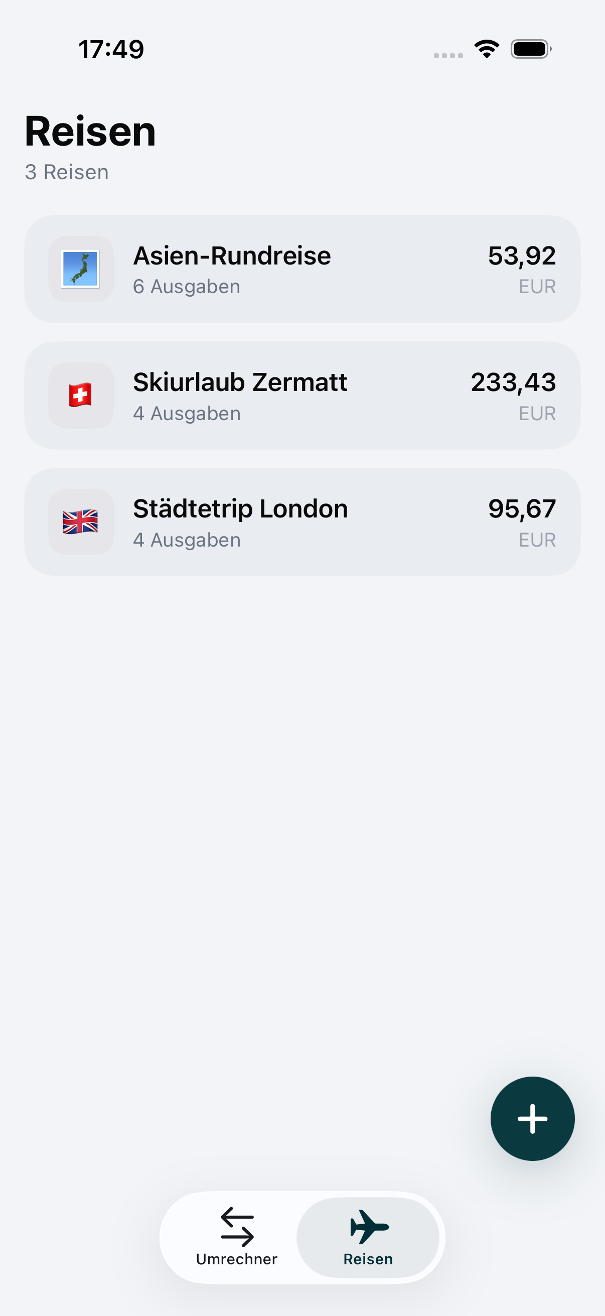 Der Tab „Reisen“ in WaveRate mit mehreren Reisen und ihren Gesamtsummen