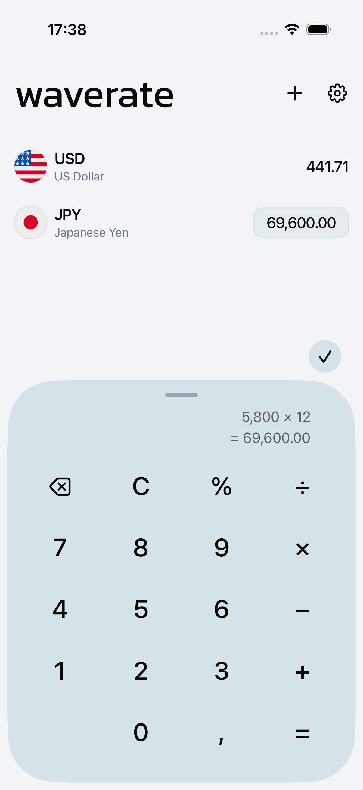 WaveRate's calculator converting one amount across every currency on the list