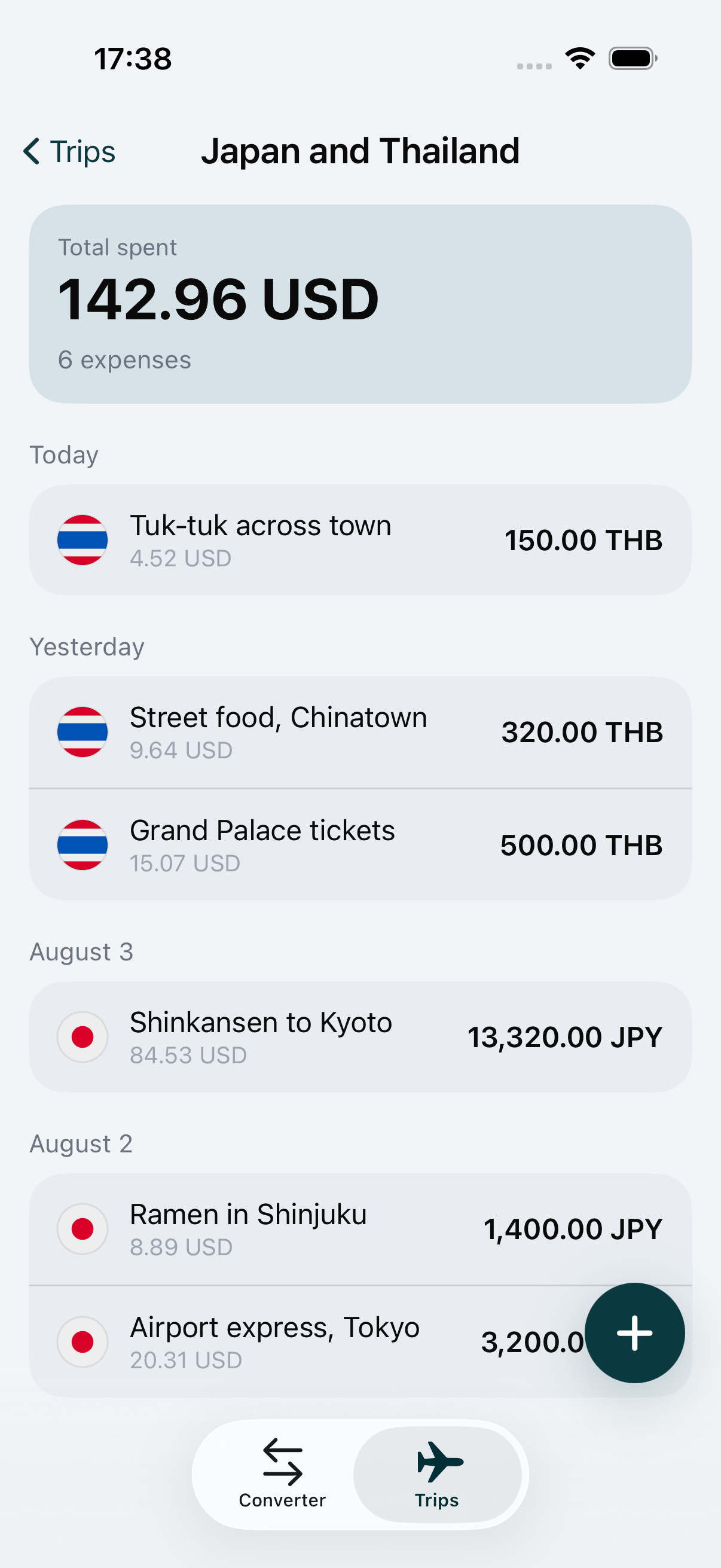 A WaveRate trip with a cash withdrawal recorded in the local currency