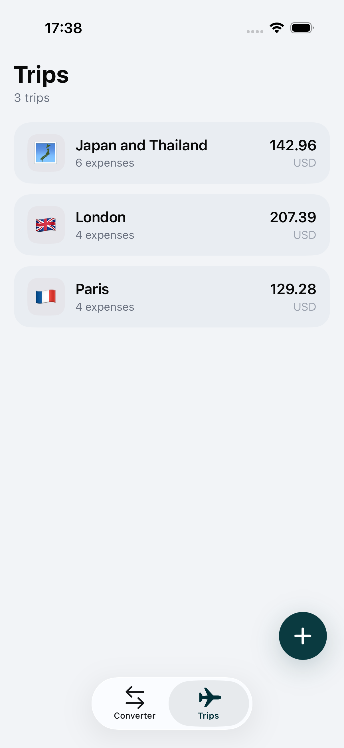 WaveRate Trips tab with several trips and their totals