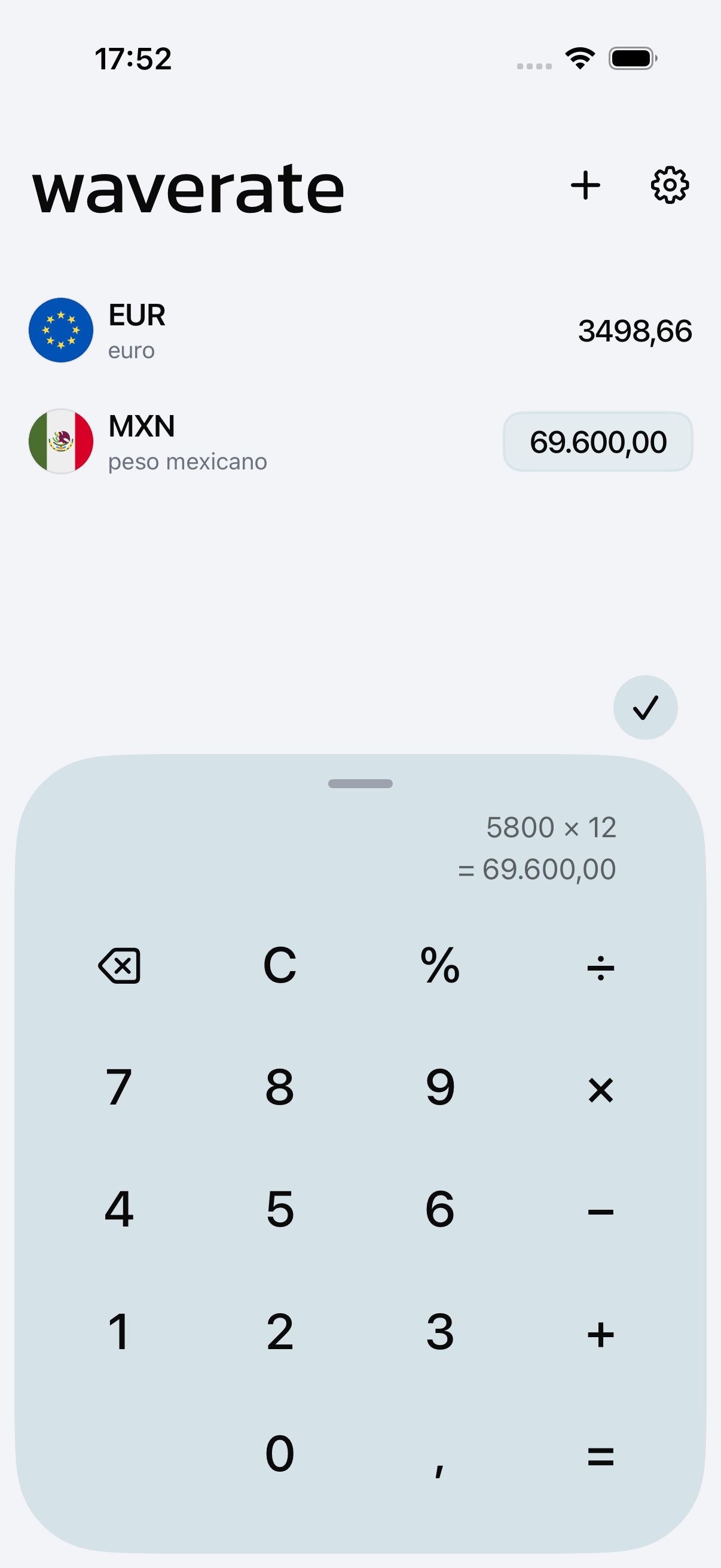 La calculadora de WaveRate convirtiendo un importe en todas las divisas de la lista