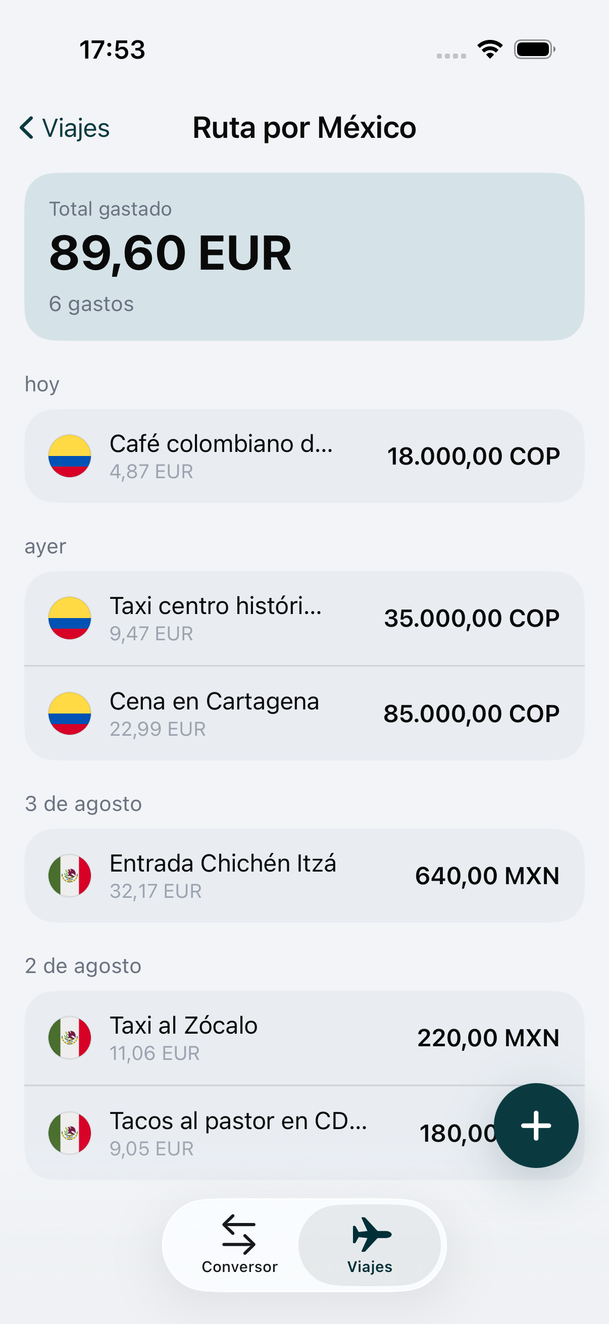 Un viaje de WaveRate con una retirada de efectivo registrada en la moneda local