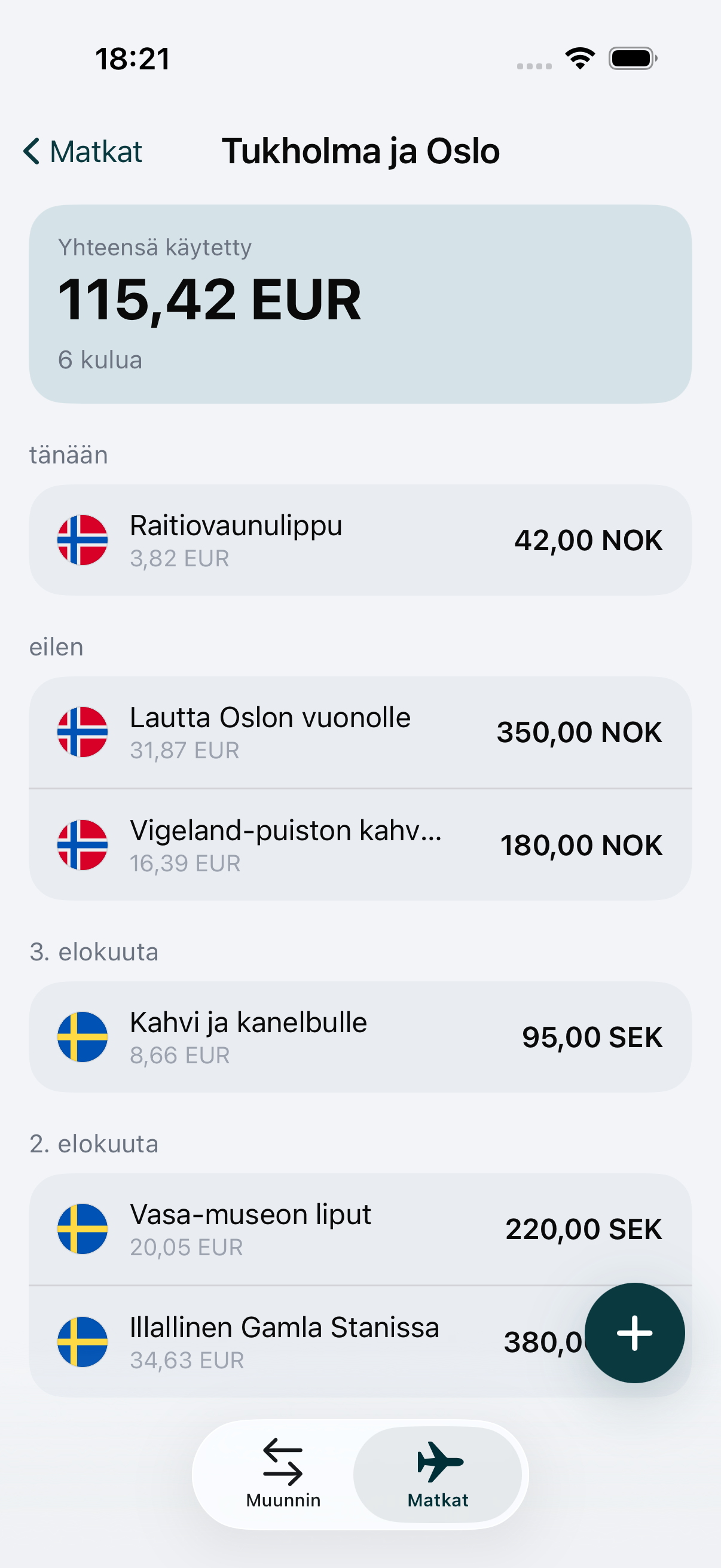 WaveRaten matka, jolle käteisnosto on kirjattu paikallisessa valuutassa