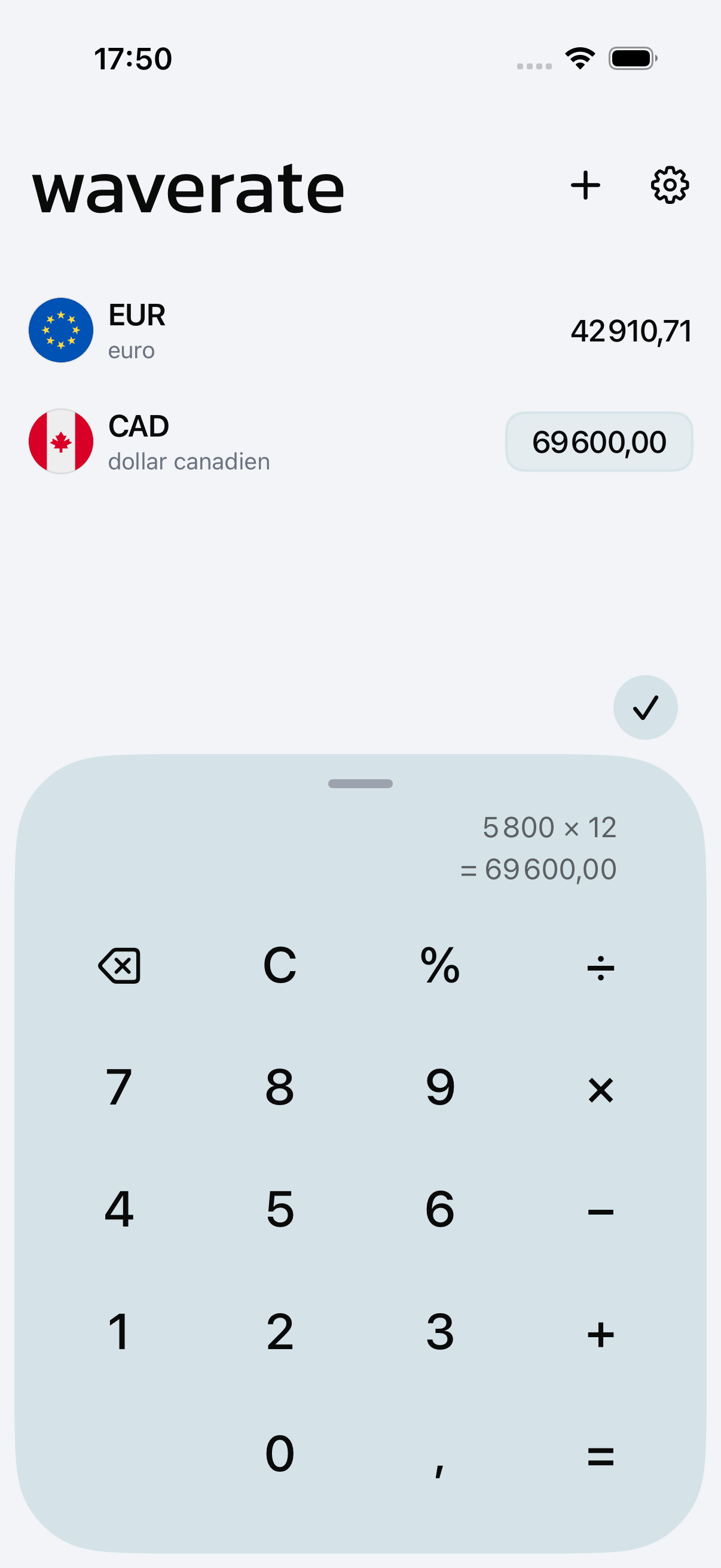 Le calculateur de WaveRate convertissant un même montant dans toutes les devises de la liste
