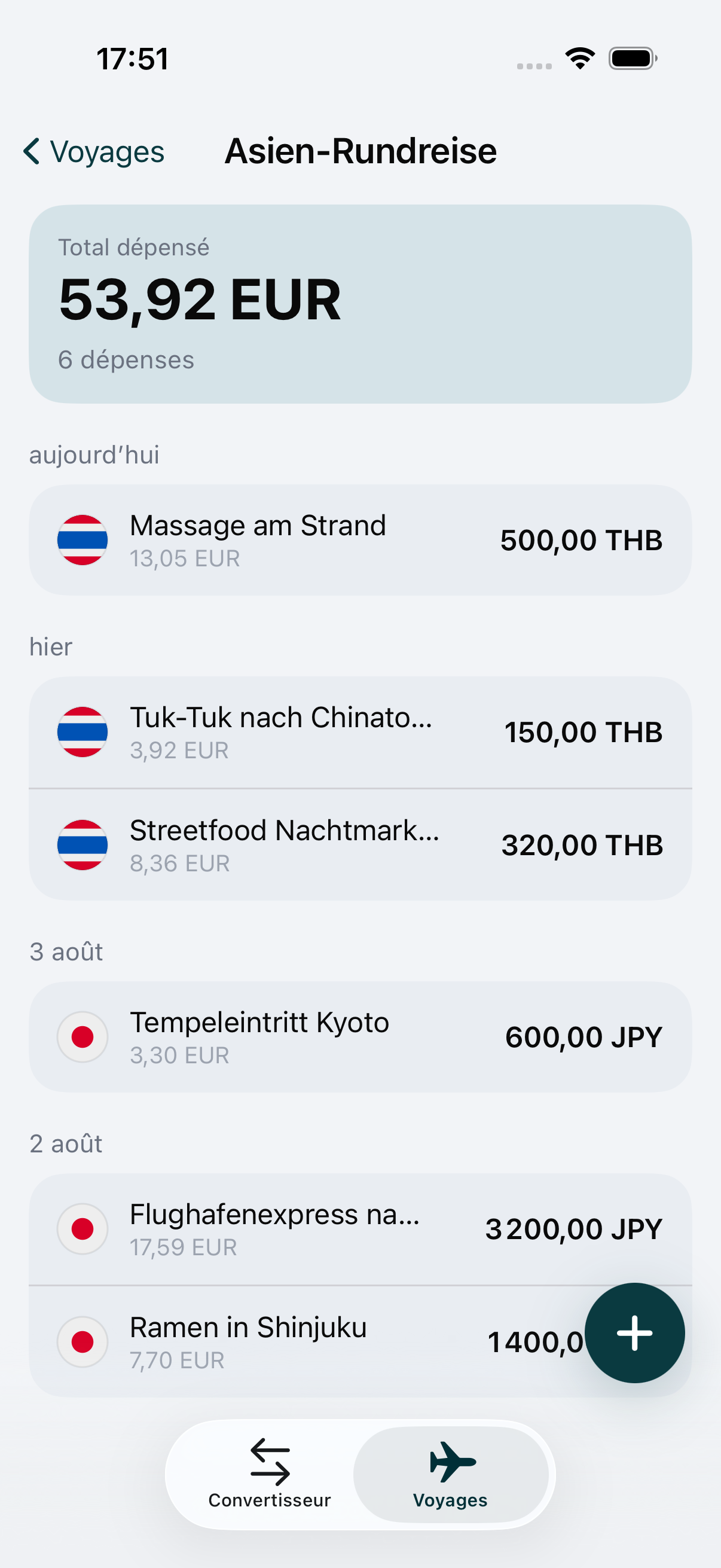 Un voyage WaveRate où chaque dépense conserve le taux de change du jour de son ajout