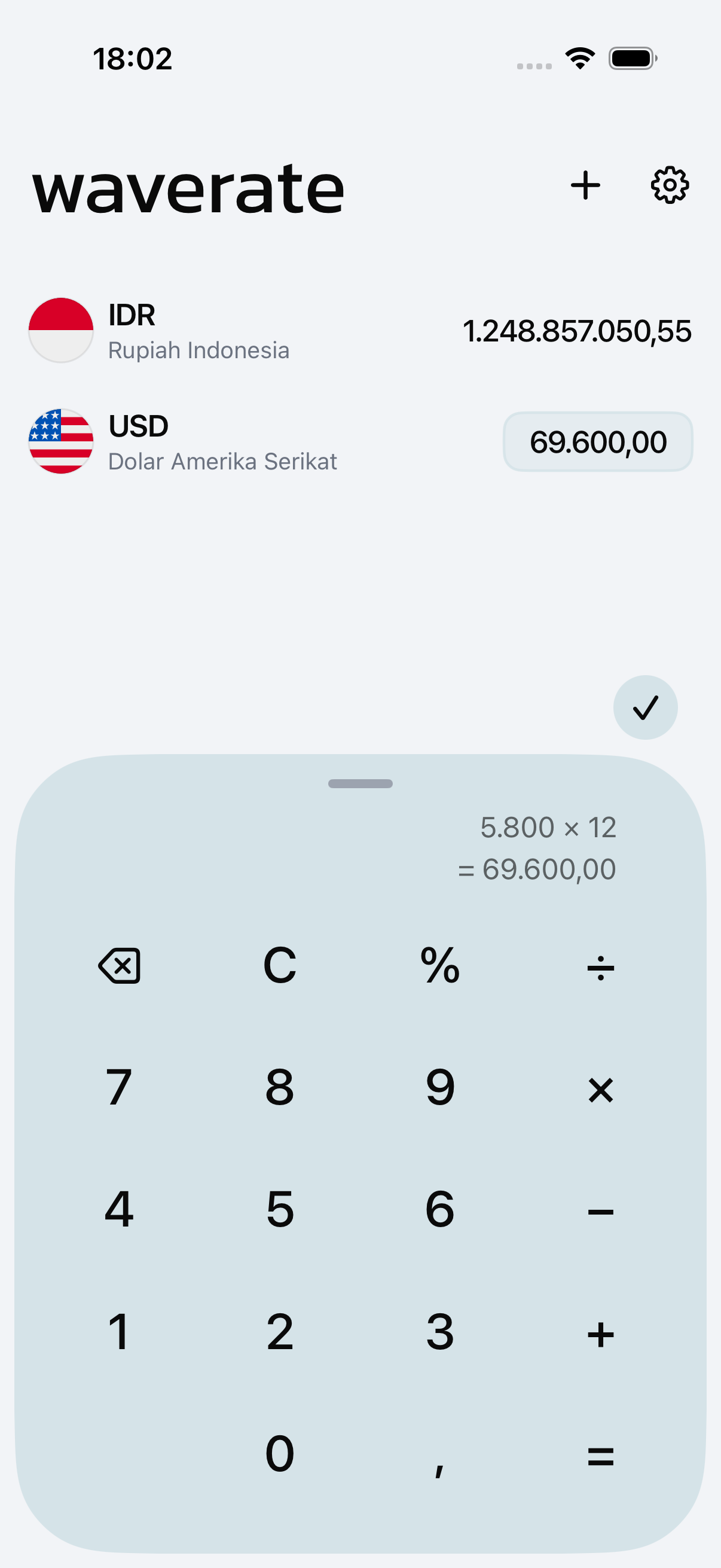 Kalkulator WaveRate mengonversi satu jumlah ke setiap mata uang di daftar