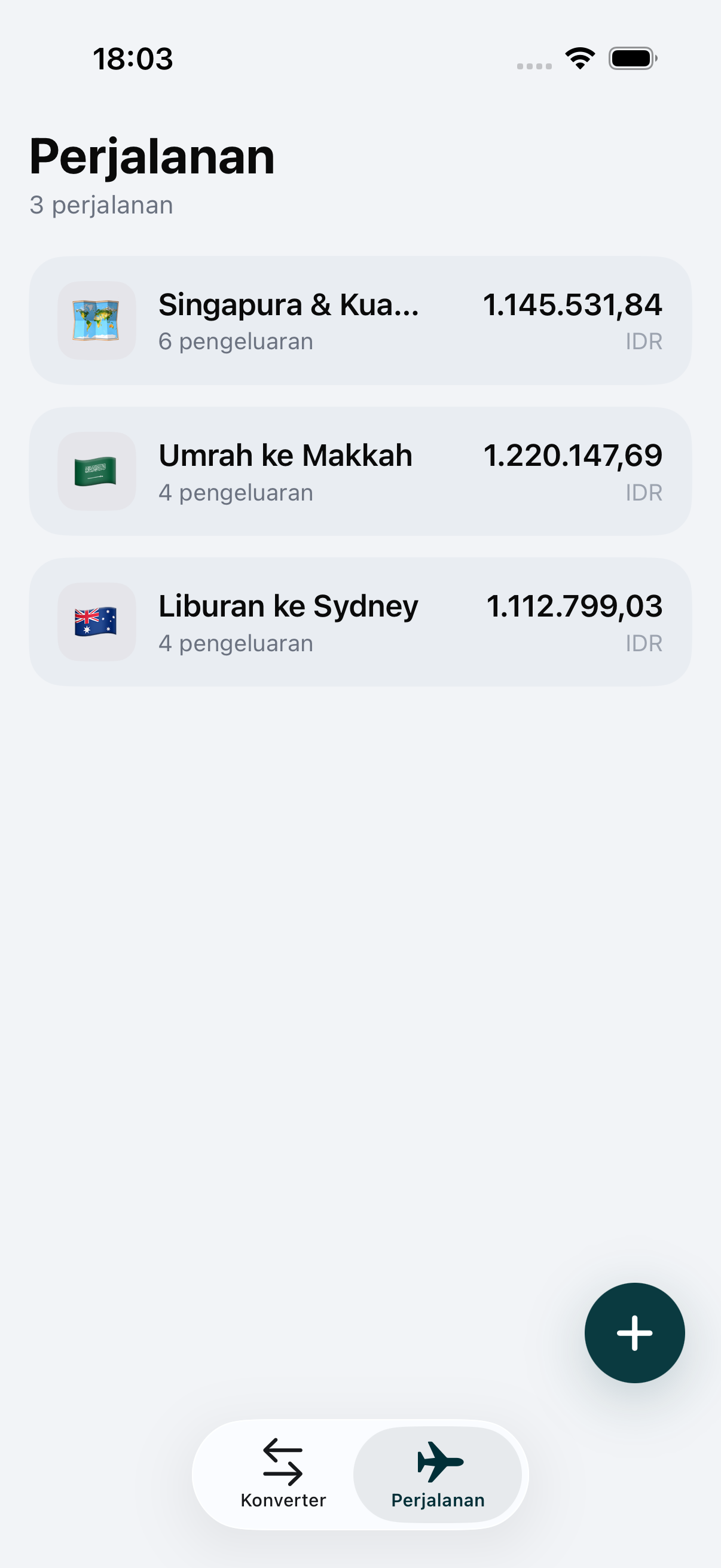 Tab Perjalanan WaveRate dengan beberapa perjalanan beserta totalnya