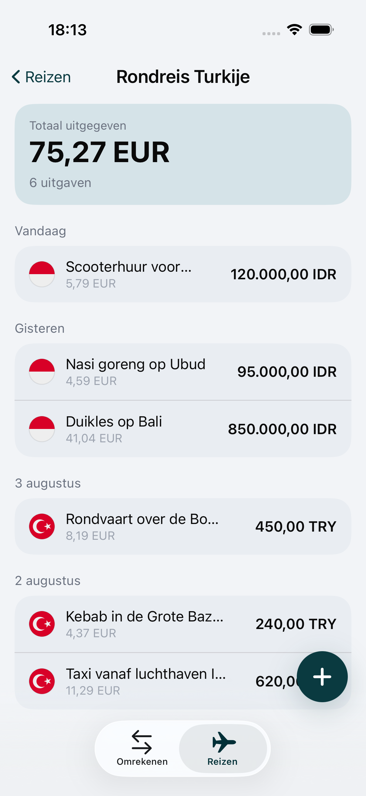 Een reis in WaveRate met een geldopname genoteerd in de lokale valuta
