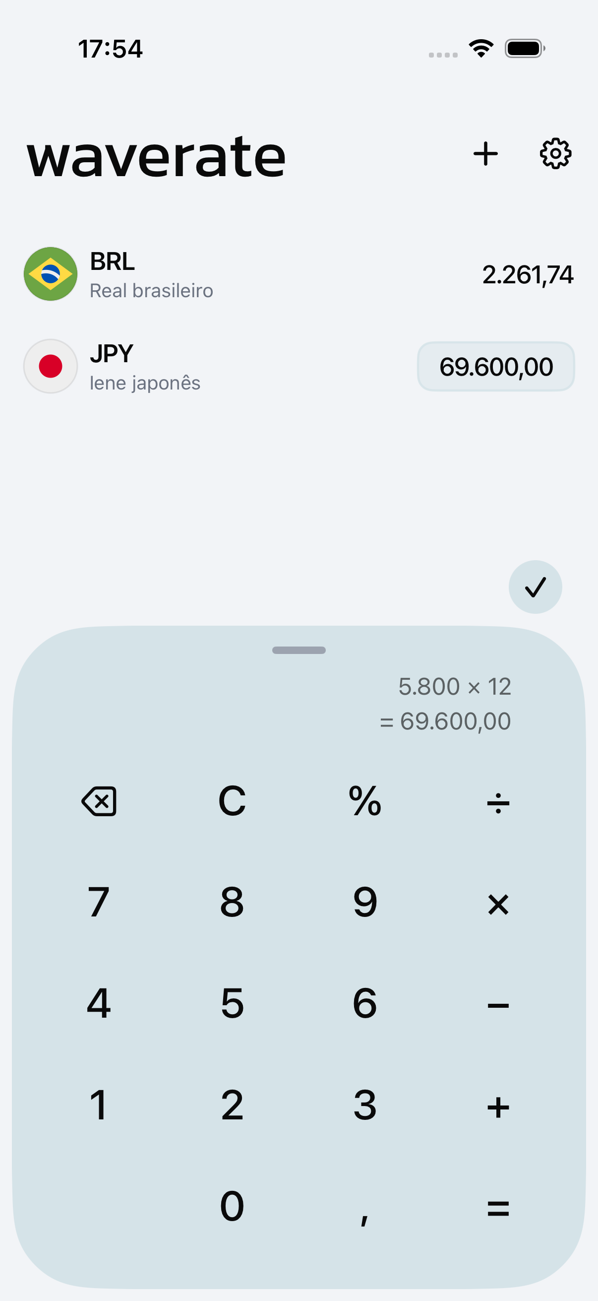 A calculadora do WaveRate convertendo um valor em todas as moedas da lista