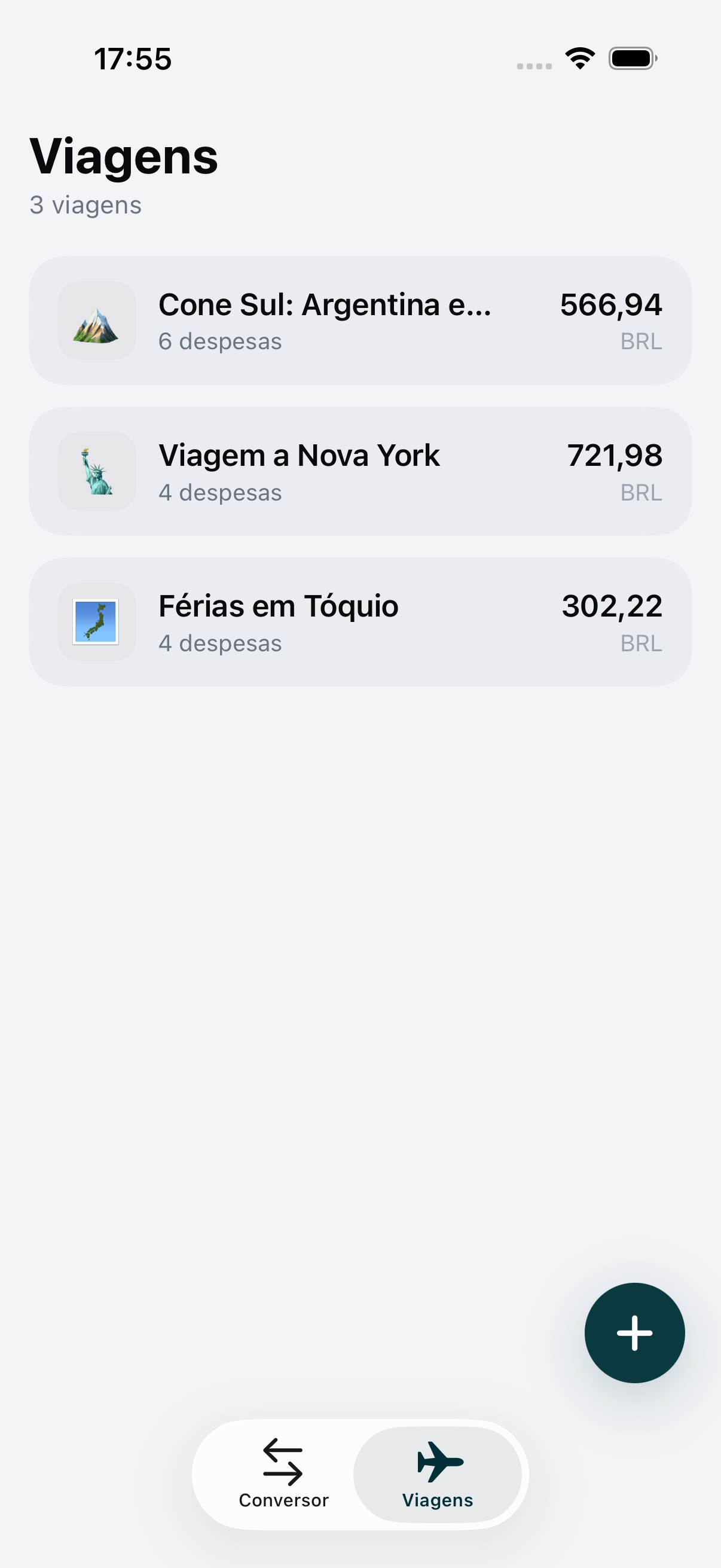 Aba Viagens do WaveRate com várias viagens e seus totais