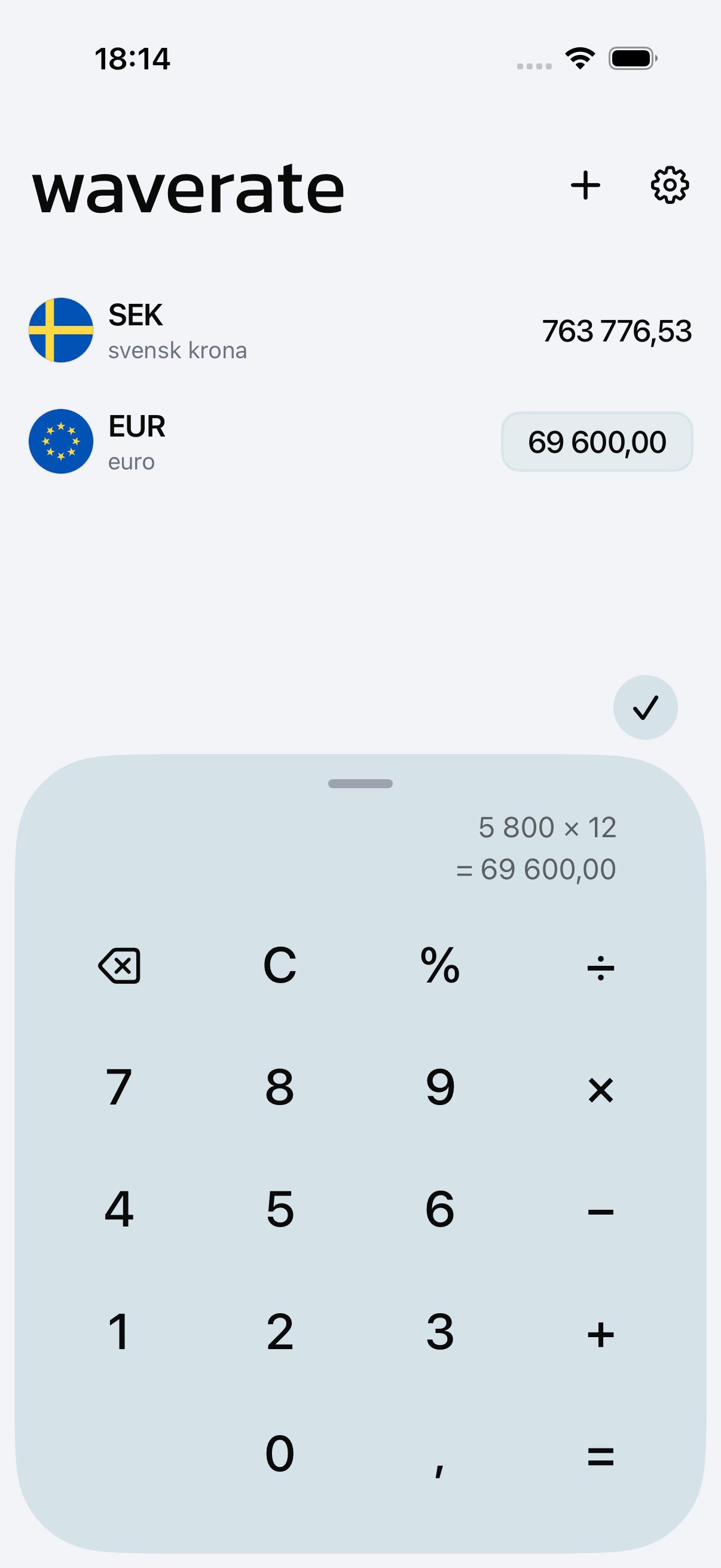 WaveRates kalkylator räknar om ett belopp över alla valutor i listan