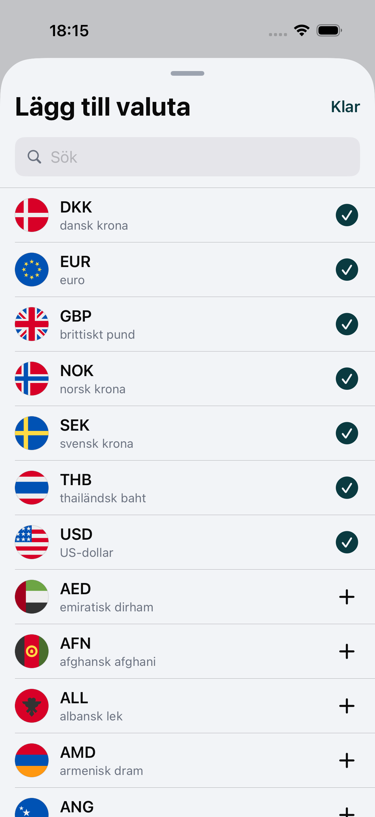Söker efter en valuta i WaveRate för att lägga till den i listan