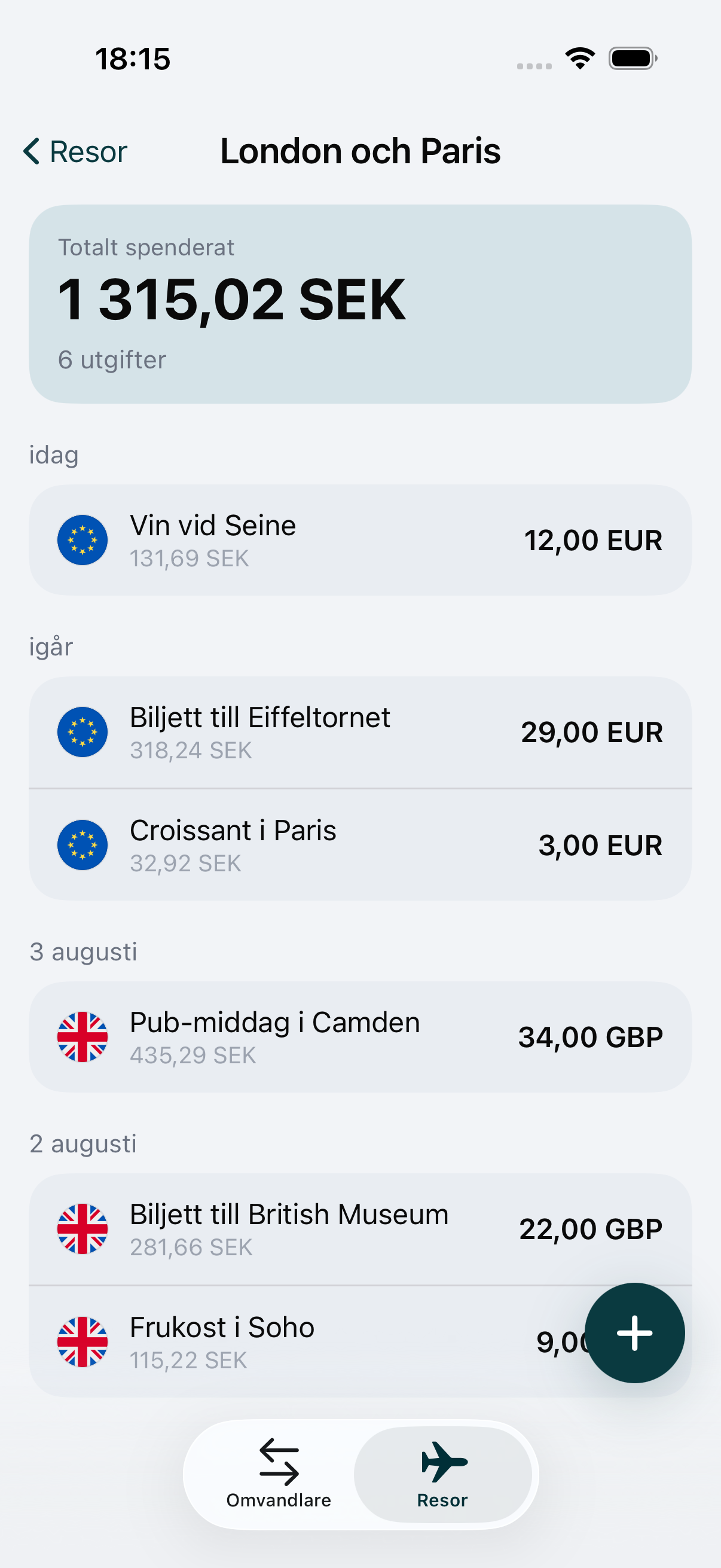 En resa i WaveRate där varje utgift behåller växelkursen för den dag den lades till
