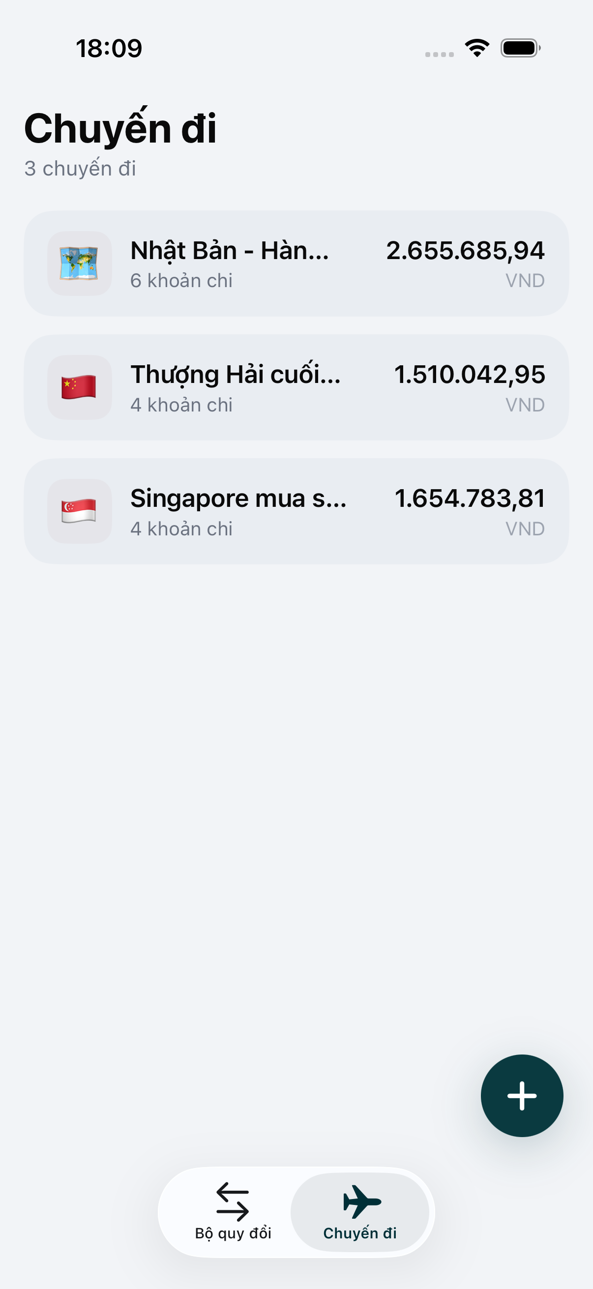 Tab Chuyến đi của WaveRate với nhiều chuyến đi và tổng chi của từng chuyến