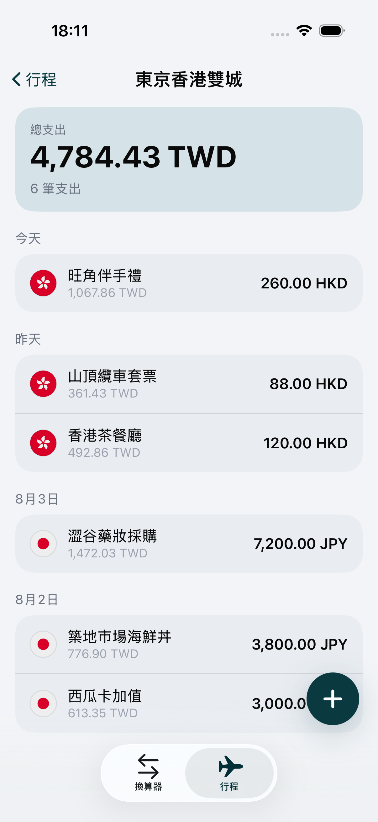 WaveRate 中的一趟旅程，一筆以當地貨幣記錄的提款
